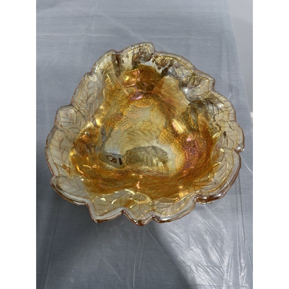 Vintage Iridescent Carnival Glass Leaf Berry Bowl Marigold Gold Scalloped Dish